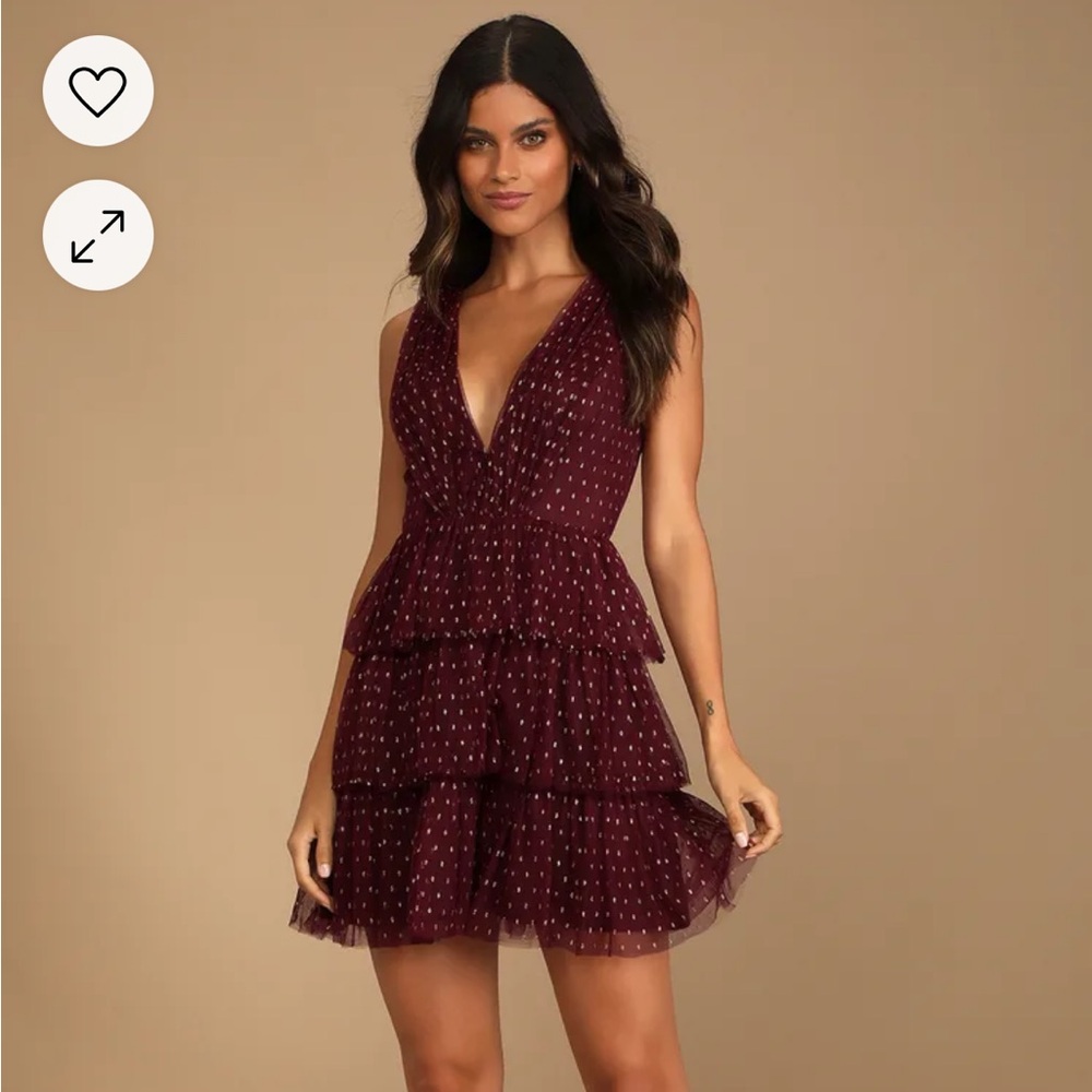 Lulus tule mini dress size XL layered tiered polka dot Burgandy classic party